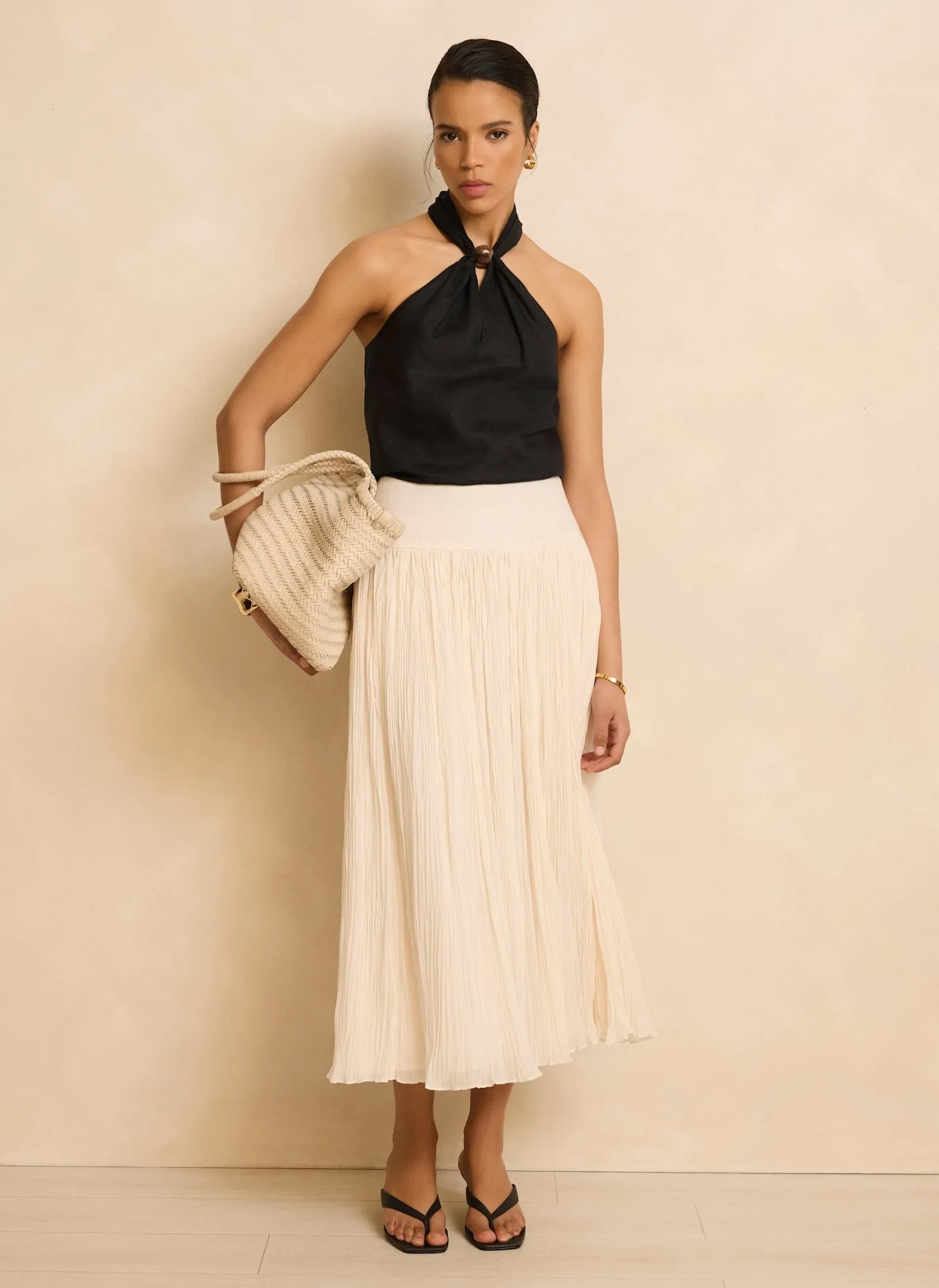 Cream Drop Waist Crinkle Midi Skirt sold by Mint Velvet product image thumbnail 2