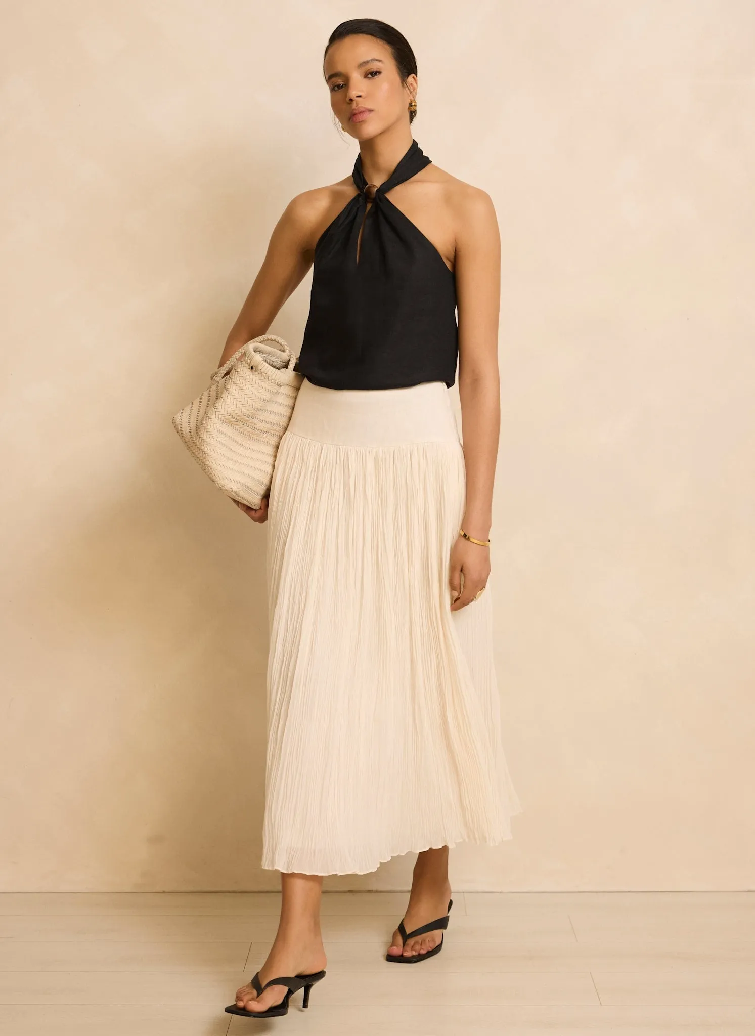 Cream Drop Waist Crinkle Midi Skirt sold by Mint Velvet product image thumbnail 4