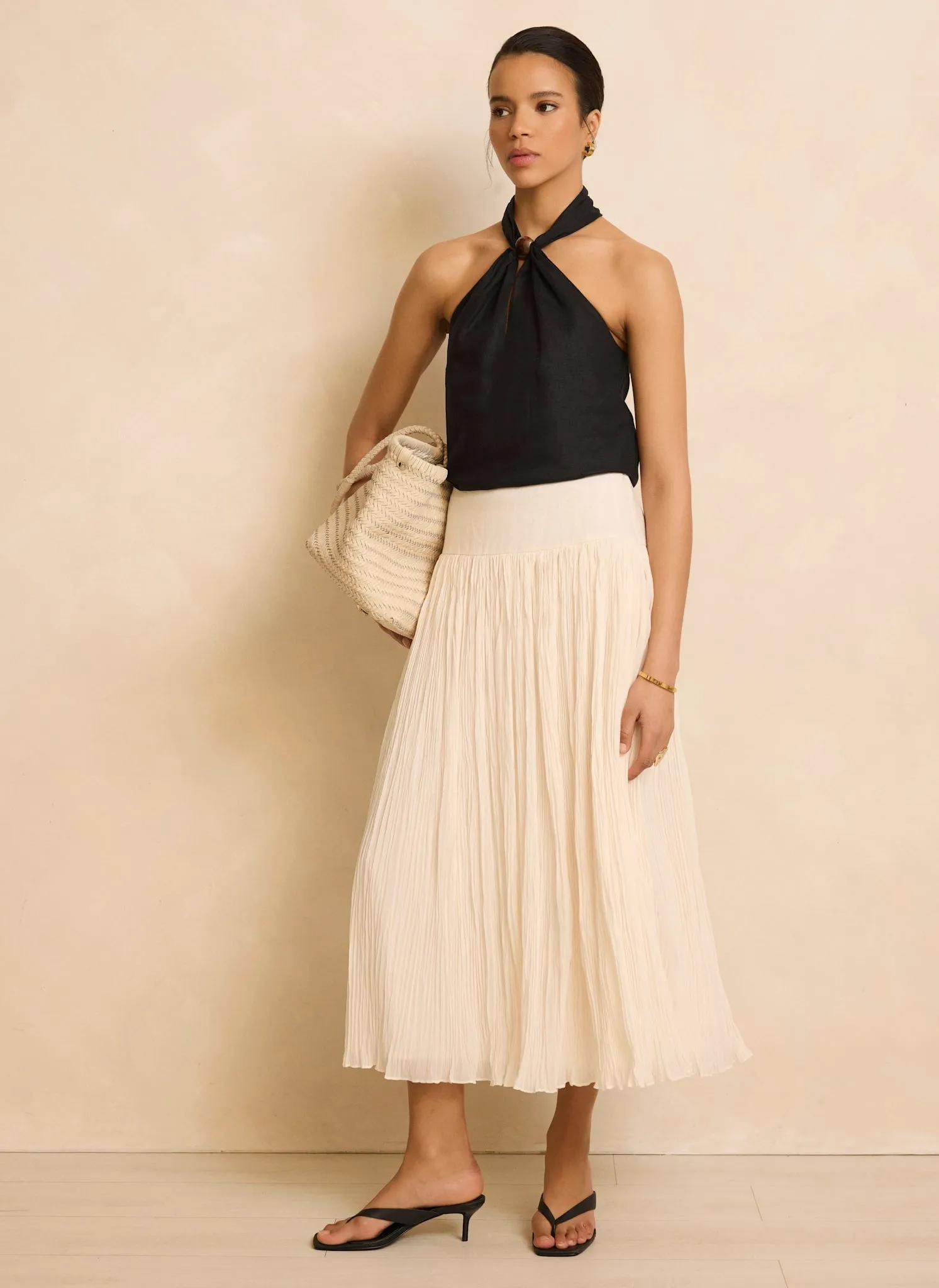 Cream Drop Waist Crinkle Midi Skirt sold by Mint Velvet