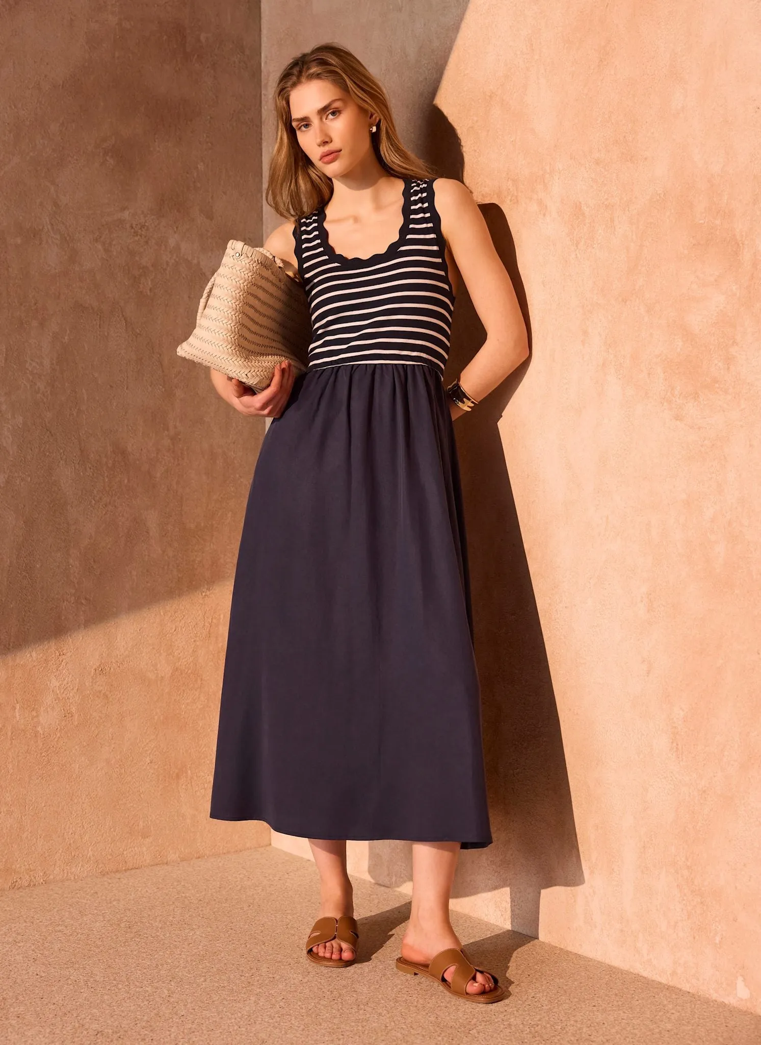 Navy Striped Scallop Trim Midi Dress sold by Mint Velvet