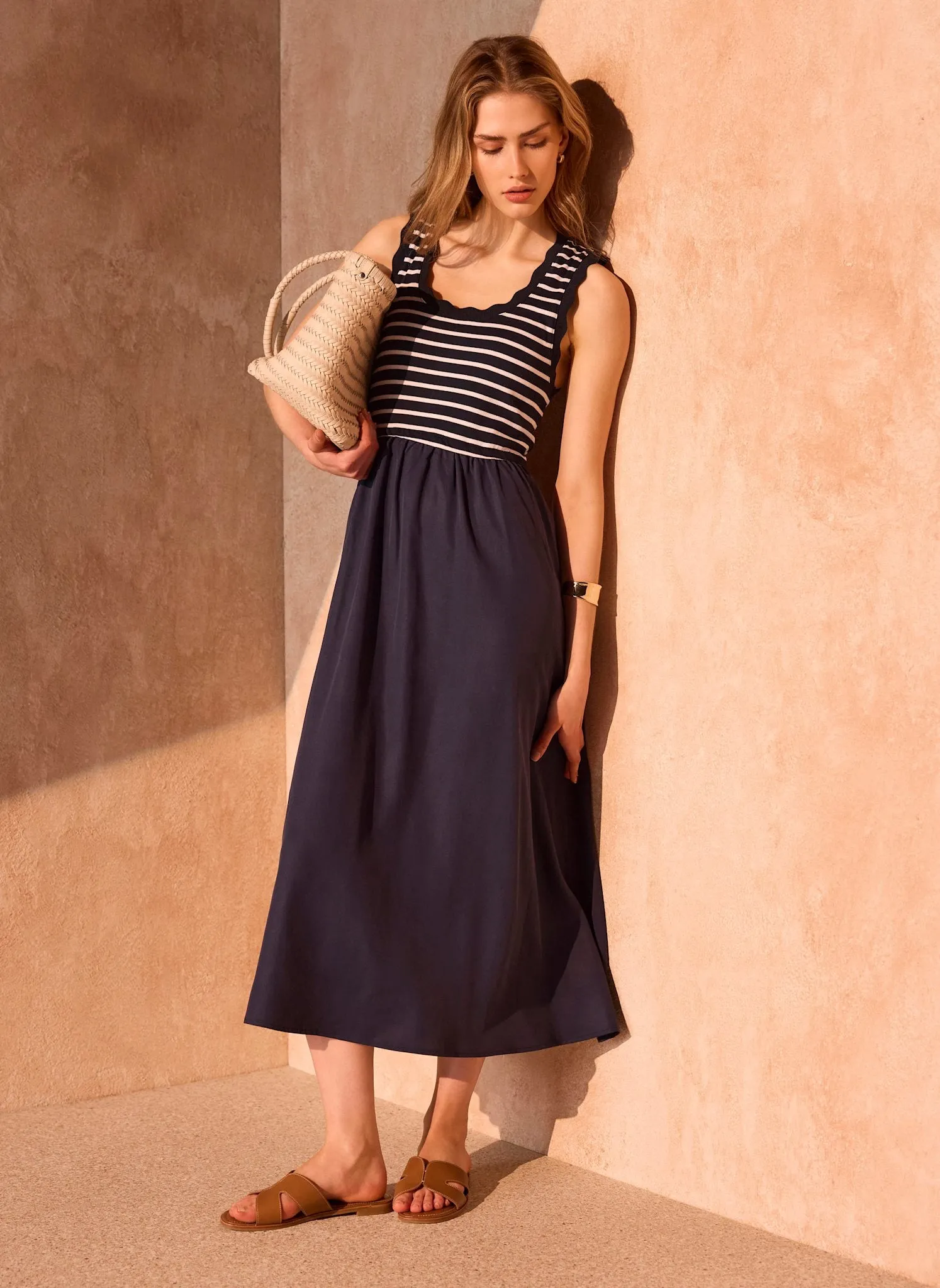 Navy Striped Scallop Trim Midi Dress sold by Mint Velvet product image thumbnail 2