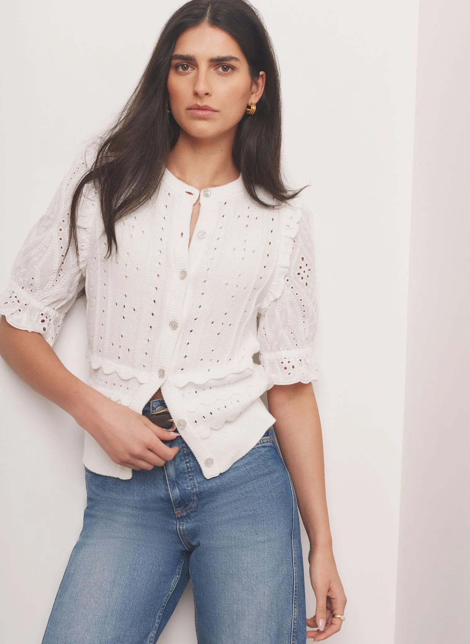 White Cotton Broderie Knit Top sold by Mint Velvet