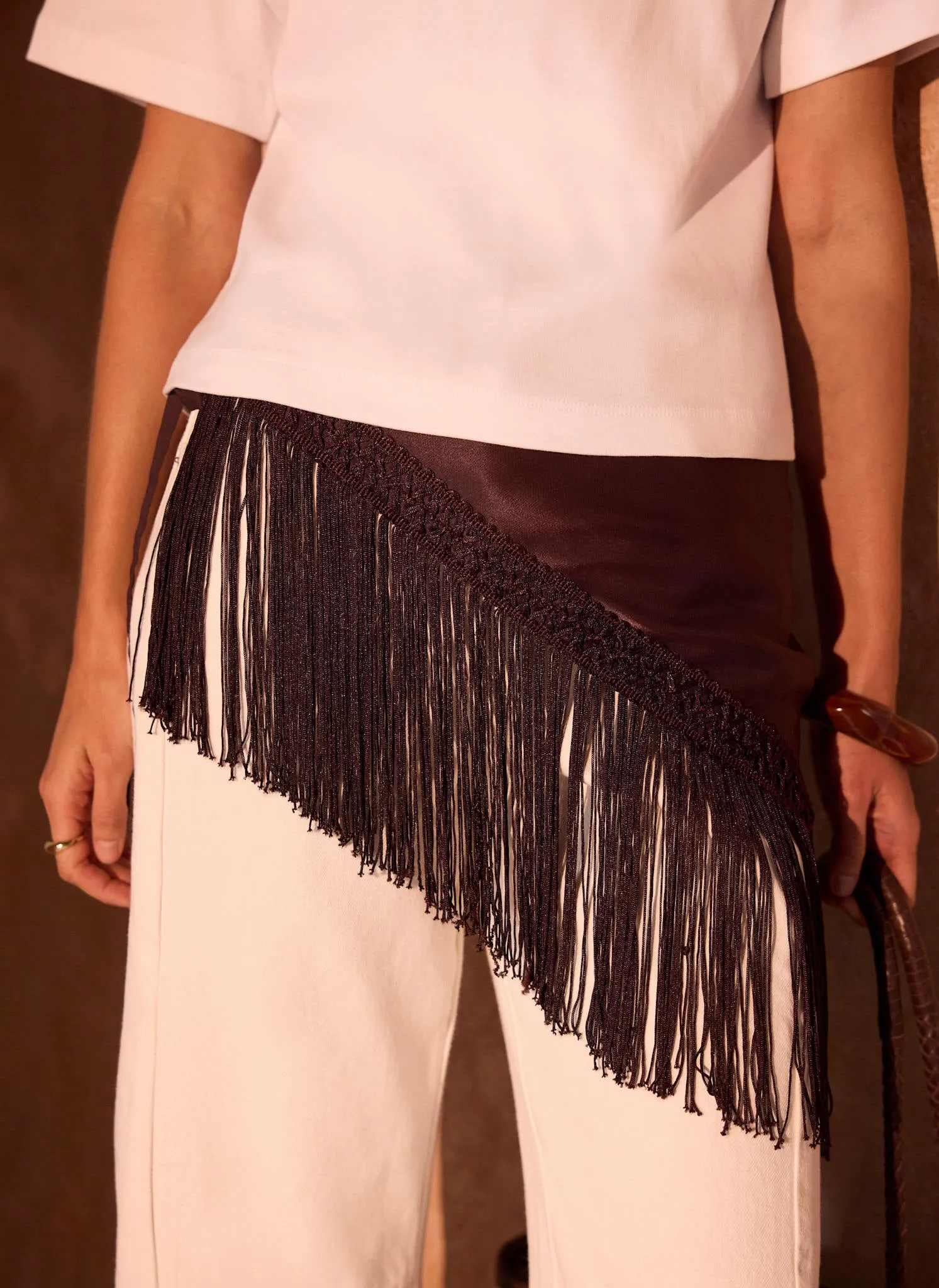 Brown Satin Fringe Waist Scarf sold by Mint Velvet product image thumbnail 3