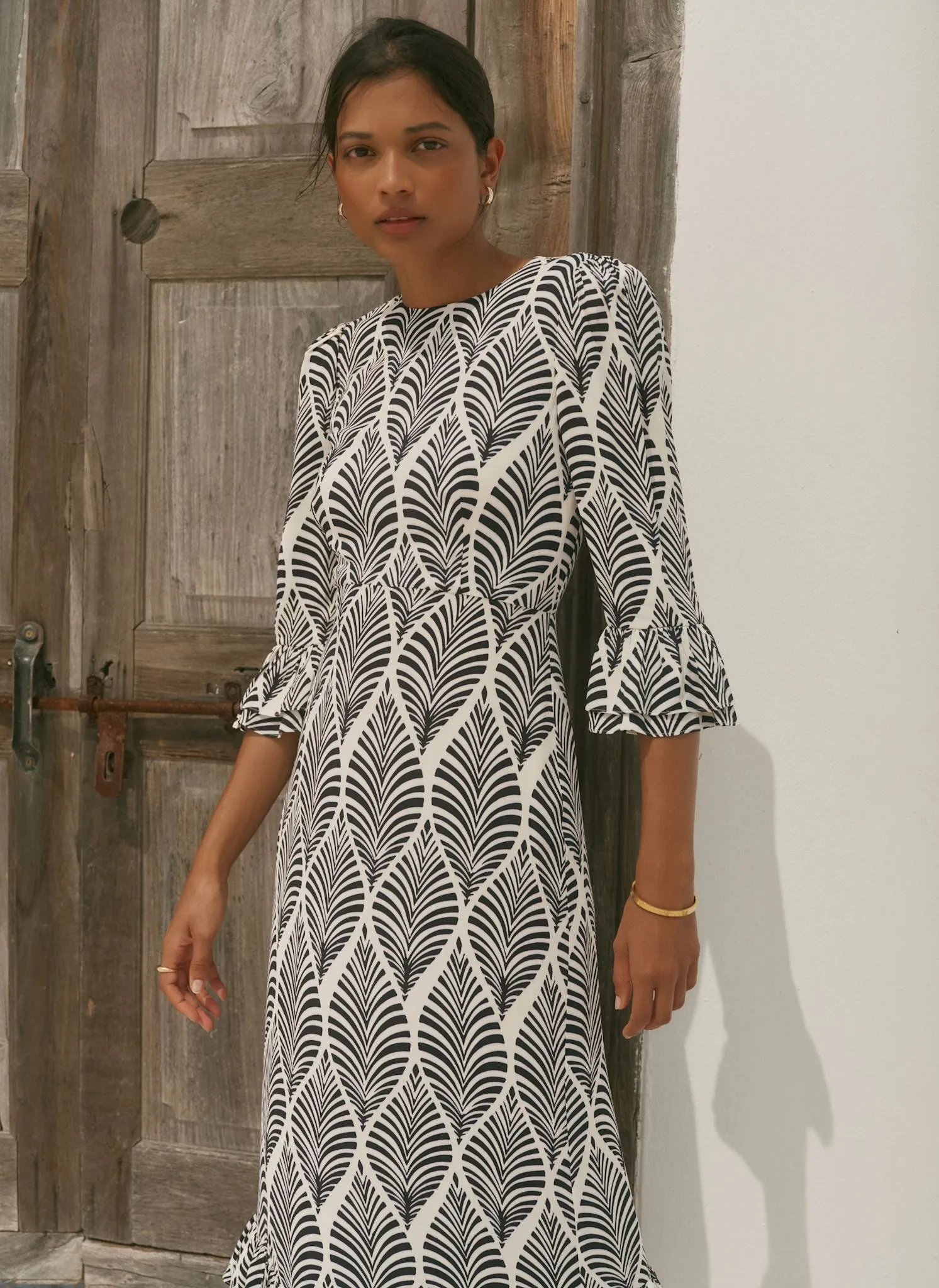 Navy Leaf Print Ruffle Detail Midi Dress sold by Mint Velvet product image thumbnail 3