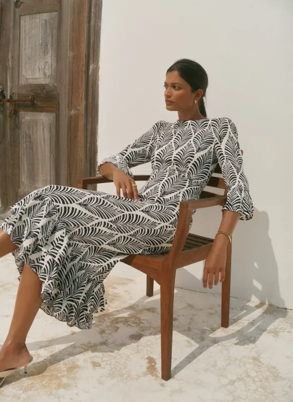 Navy Leaf Print Ruffle Detail Midi Dress made by Mint Velvet