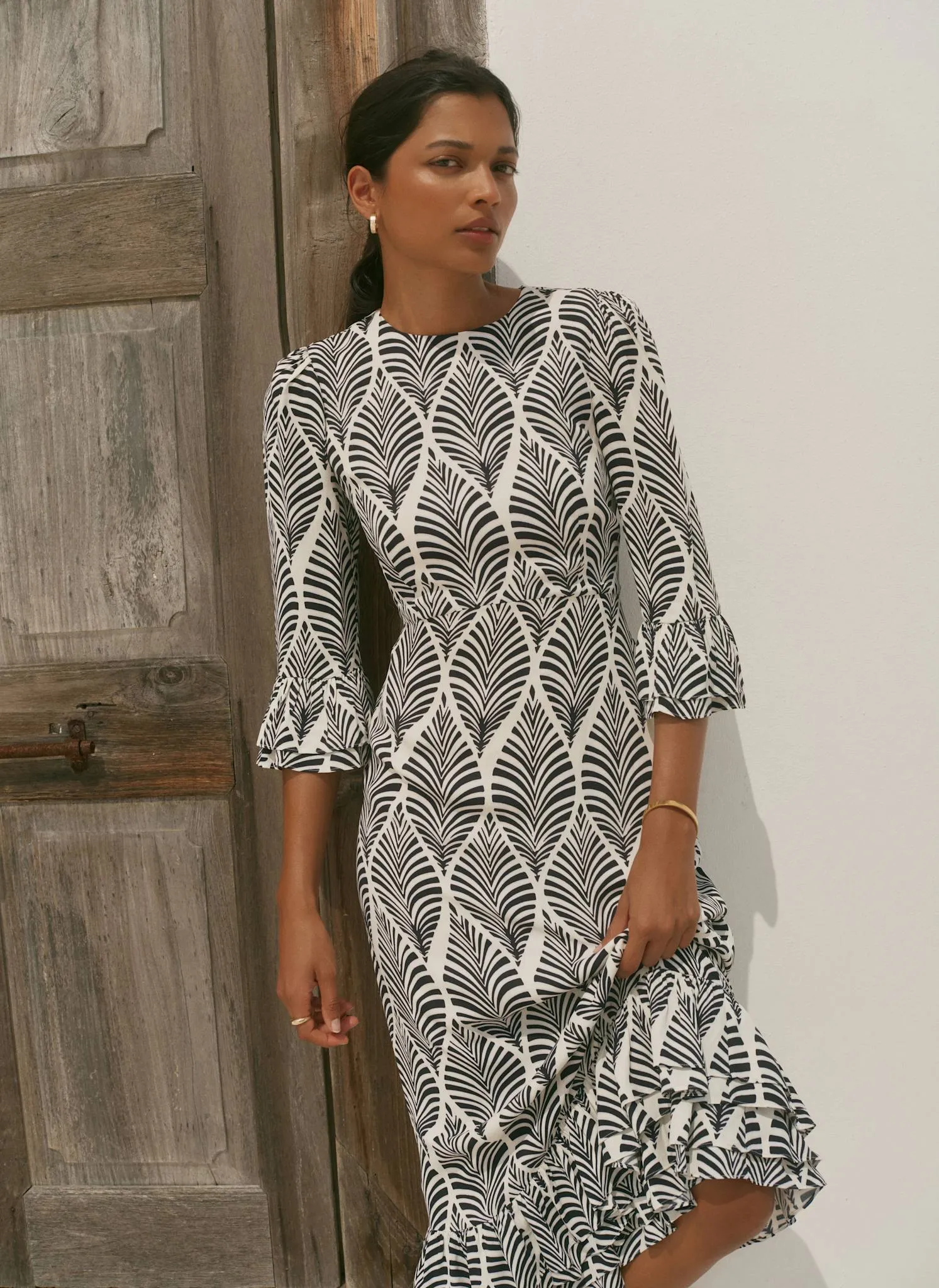 Navy Leaf Print Ruffle Detail Midi Dress sold by Mint Velvet product image thumbnail 4