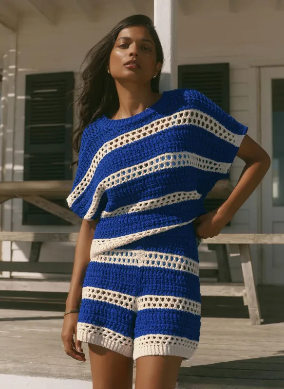 Blue Cotton Striped Crochet Knit Shorts made by Mint Velvet