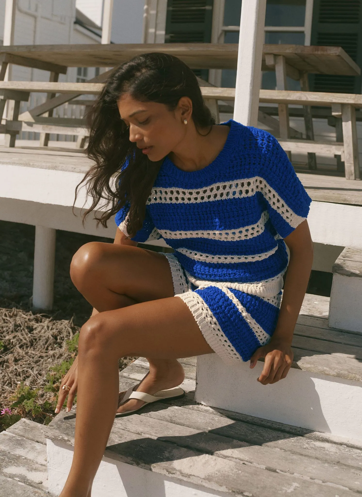 Blue Cotton Striped Crochet Knit Top sold by Mint Velvet product image thumbnail 4