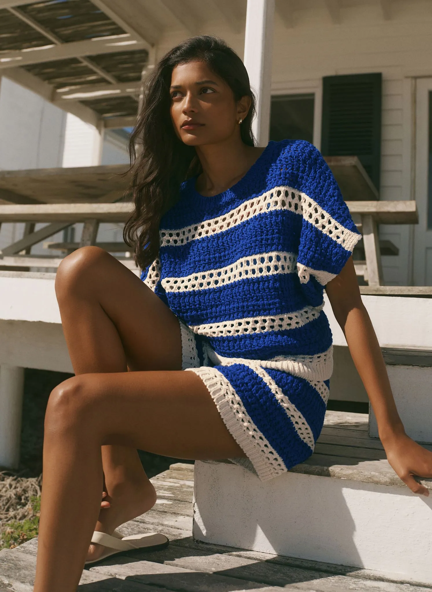 Blue Cotton Striped Crochet Knit Top sold by Mint Velvet product image thumbnail 2