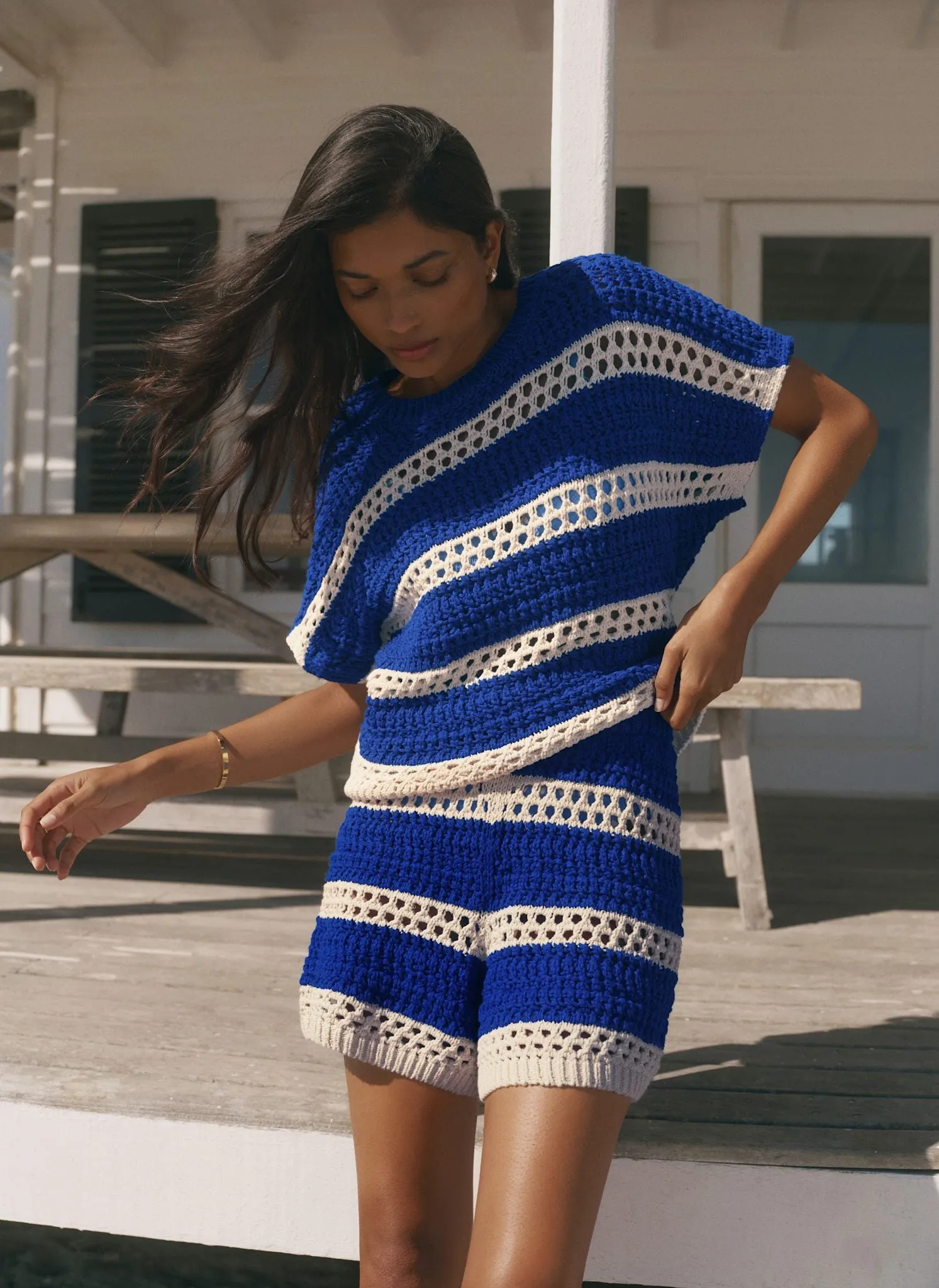 Blue Cotton Striped Crochet Knit Top sold by Mint Velvet