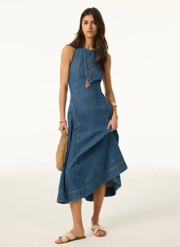 Mid Indigo Denim Halter Midi Dress made by Mint Velvet