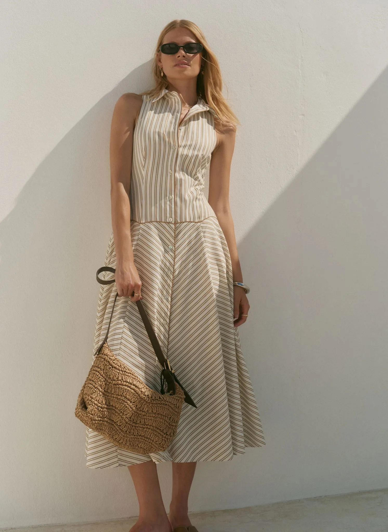 Neutral Cotton Blend Striped Midi Dress sold by Mint Velvet product image thumbnail 5