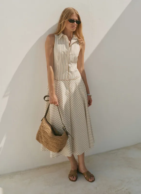 Neutral Cotton Blend Striped Midi Dress made by Mint Velvet
