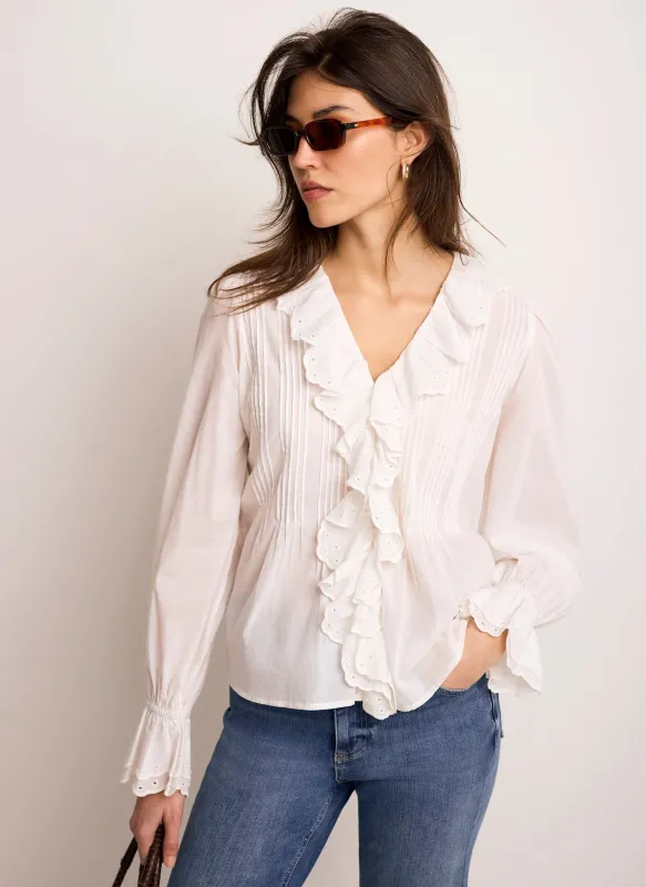 White Cotton Ruffle Trim Blouse made by Mint Velvet