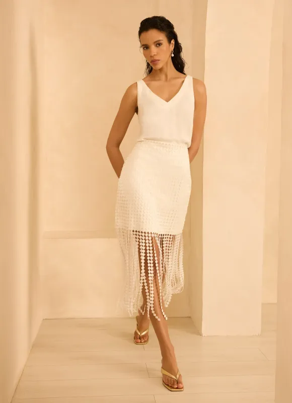 White Disc Detail Fringed Midi Skirt made by Mint Velvet