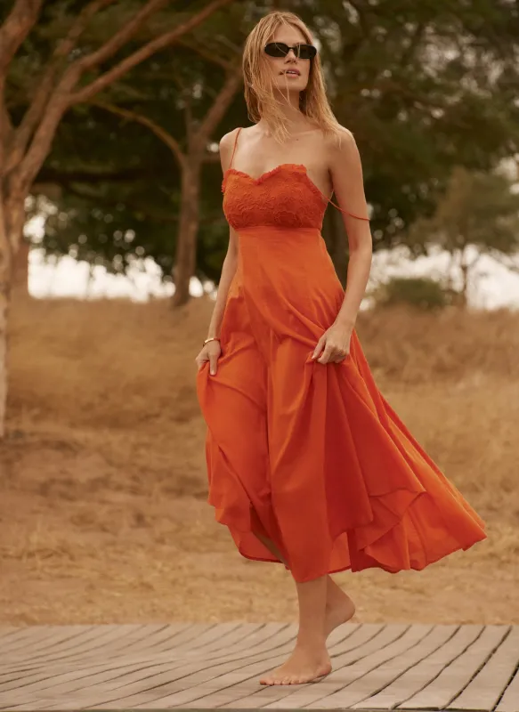 Orange Cotton Embroidered Midi Dress made by Mint Velvet