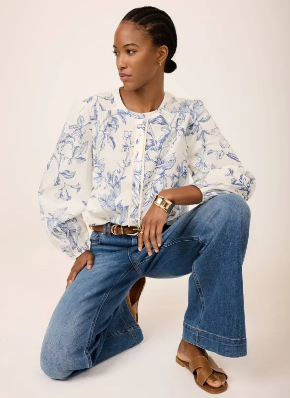 Blue Cotton Floral Print Blouse made by Mint Velvet