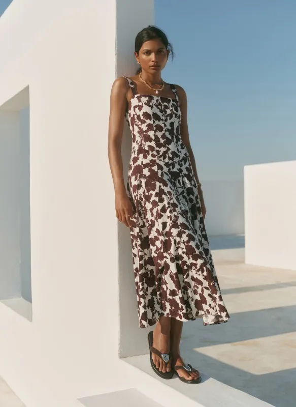 Brown Linen Blend Printed Midi Dress made by Mint Velvet