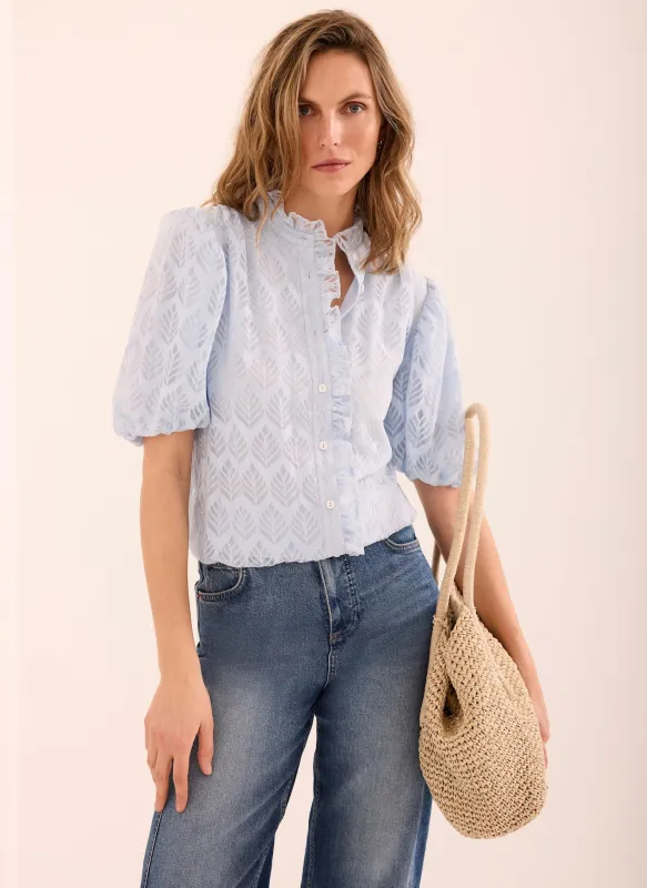 Blue Jacquard Ruffle Blouse made by Mint Velvet