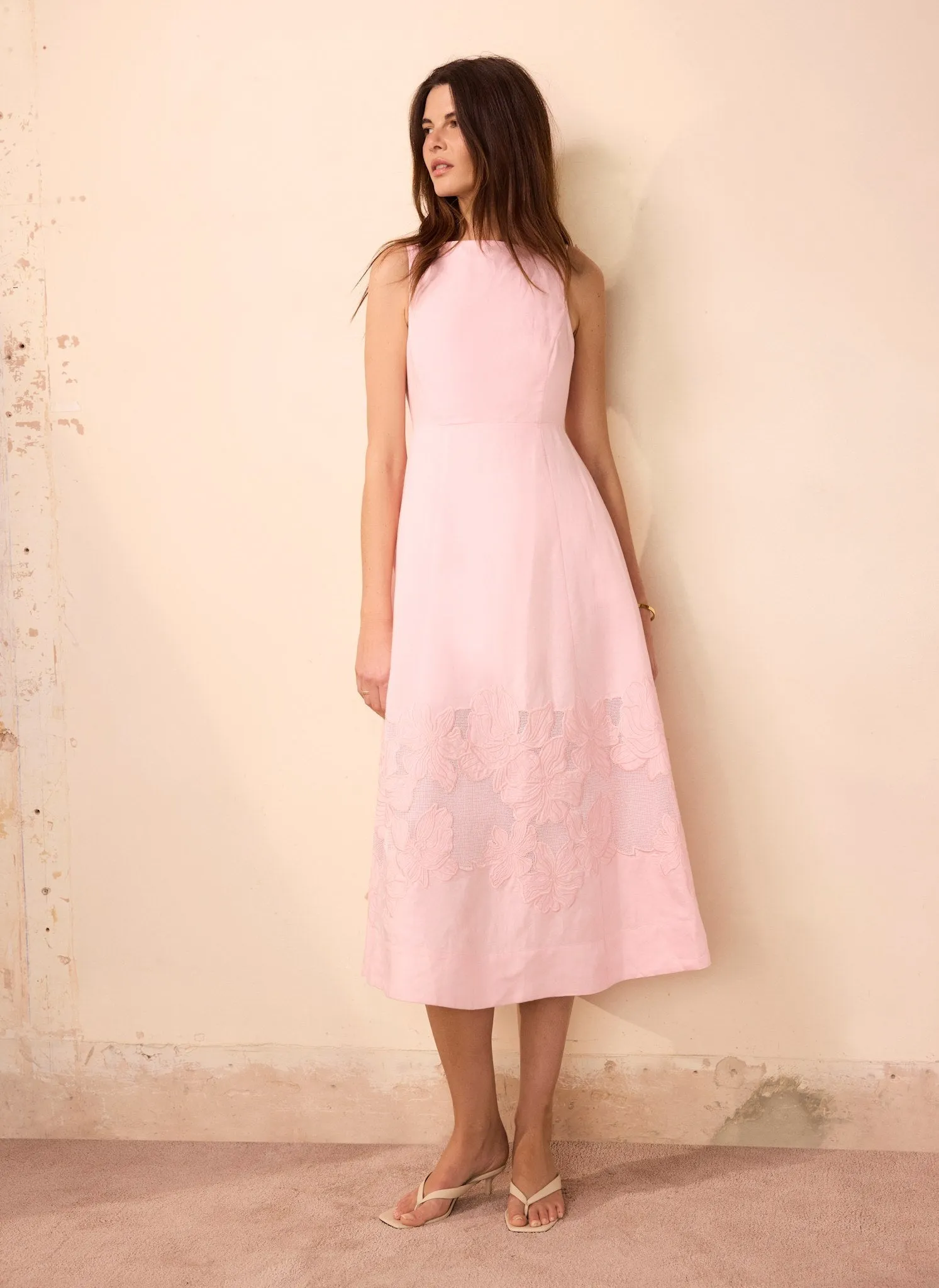 Pink Linen Blend Lace Midi Dress sold by Mint Velvet