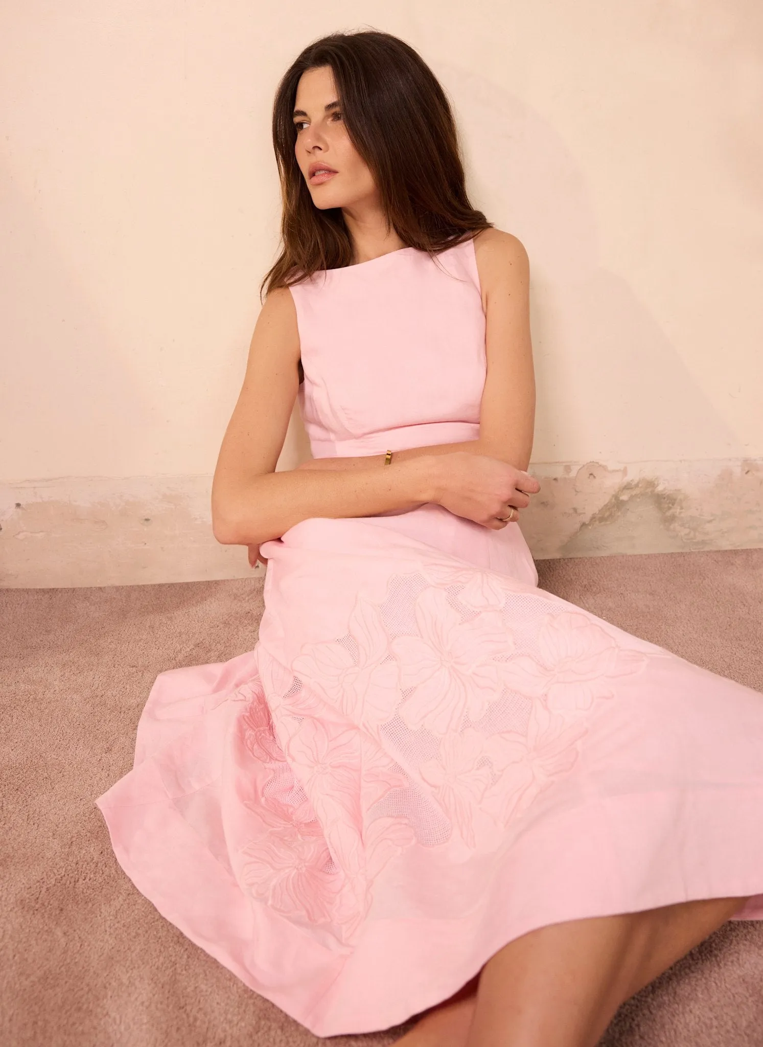 Pink Linen Blend Lace Midi Dress sold by Mint Velvet product image thumbnail 2