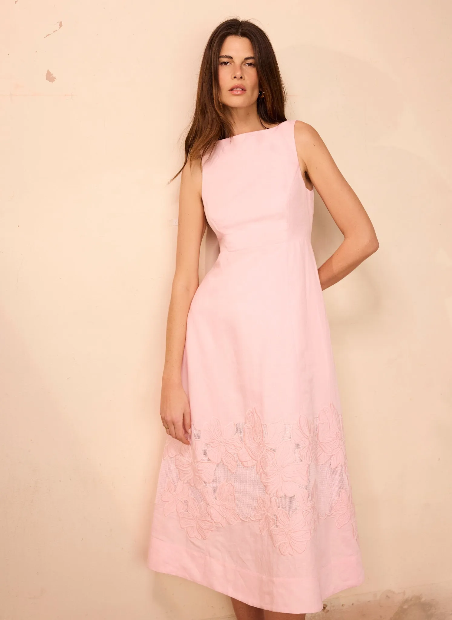 Pink Linen Blend Lace Midi Dress sold by Mint Velvet product image thumbnail 3