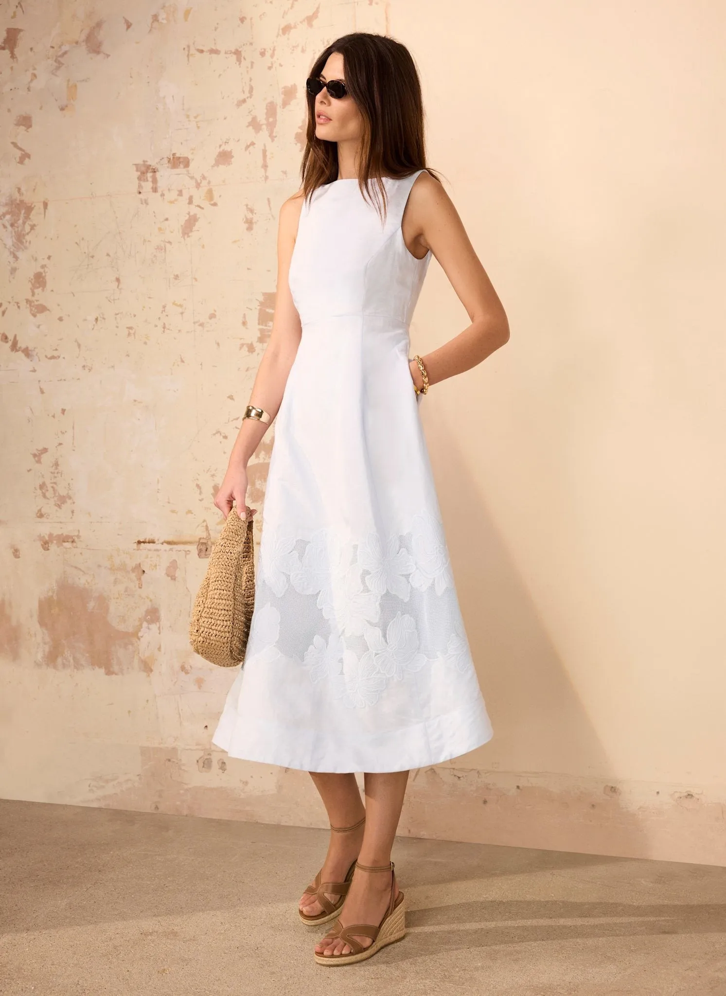 Blue Linen Blend Lace Midi Dress sold by Mint Velvet