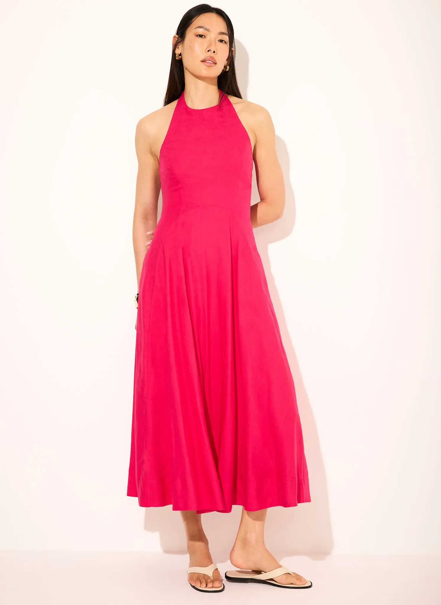 Pink Linen Blend Halter Midi Dress sold by Mint Velvet