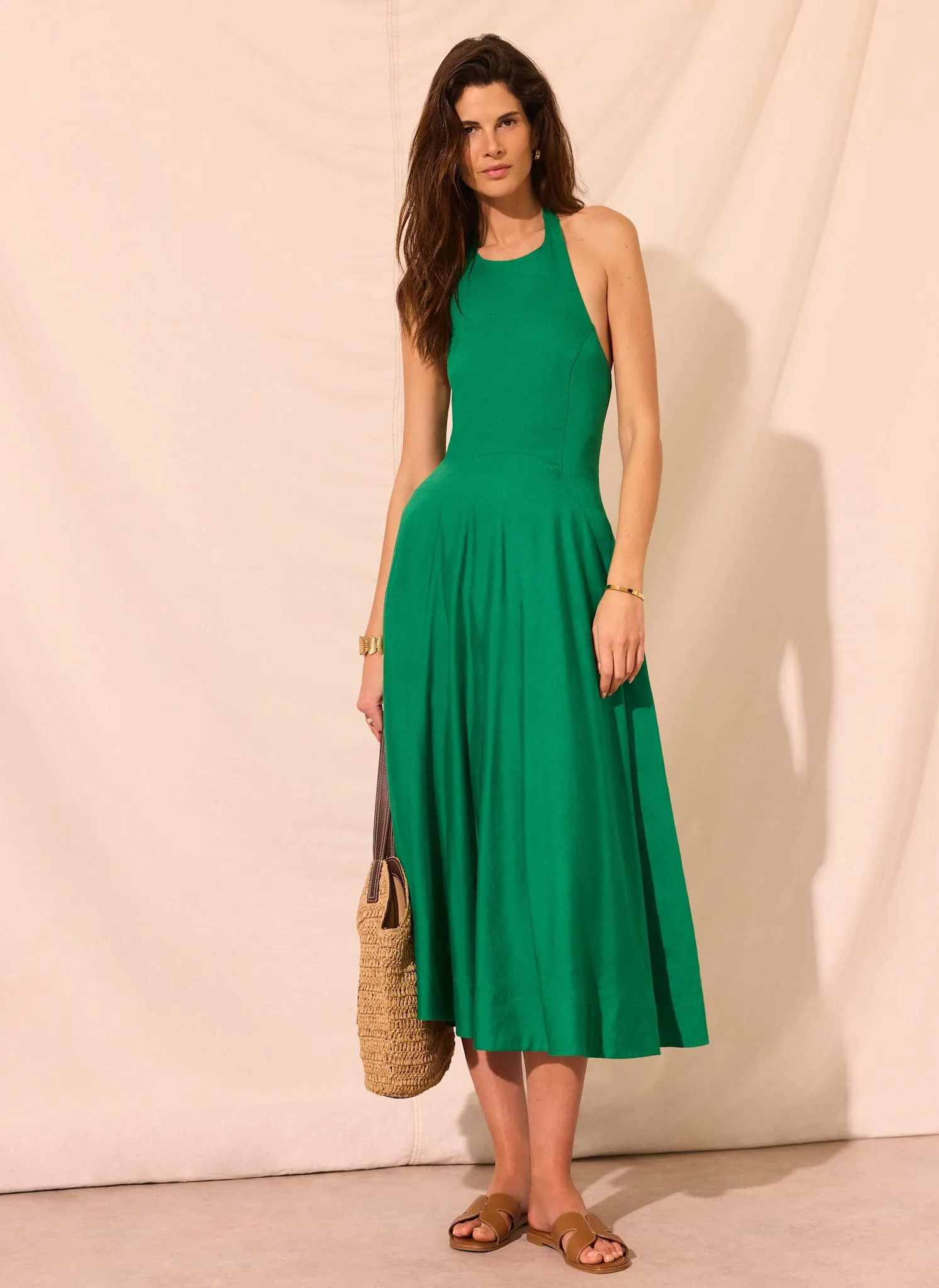 Green Linen Blend Halter Midi Dress sold by Mint Velvet