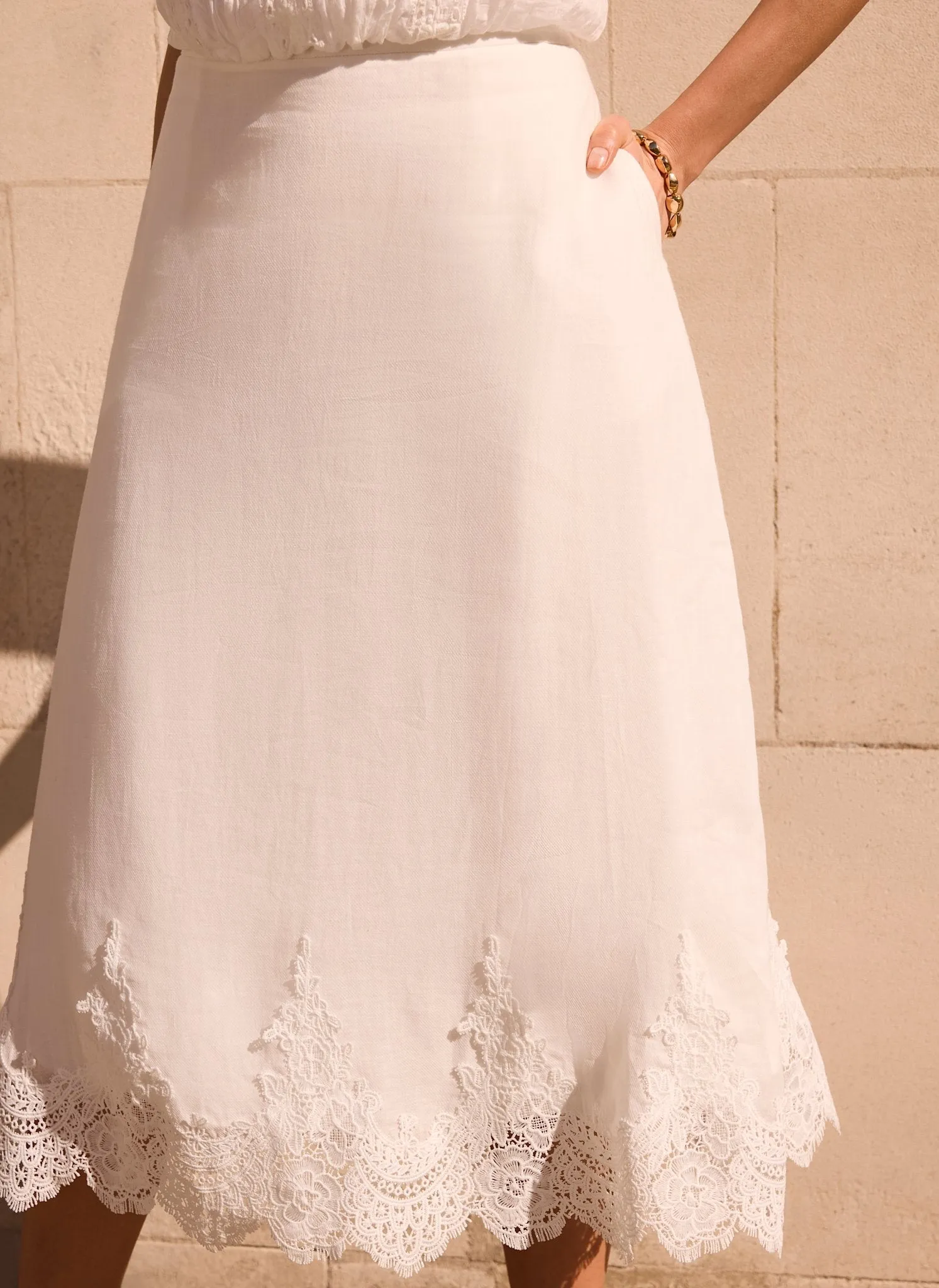 White Ramie Lace Trim Midi Skirt sold by Mint Velvet product image thumbnail 5