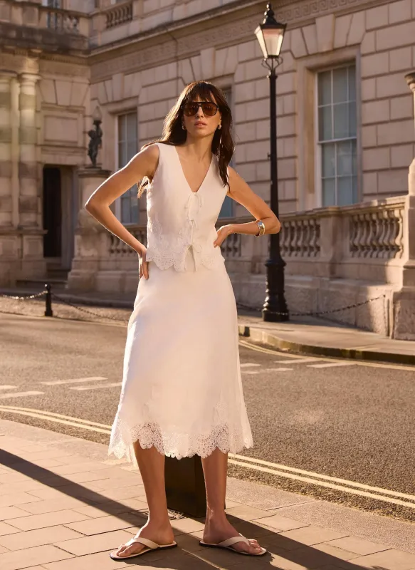 White Ramie Lace Trim Midi Skirt made by Mint Velvet