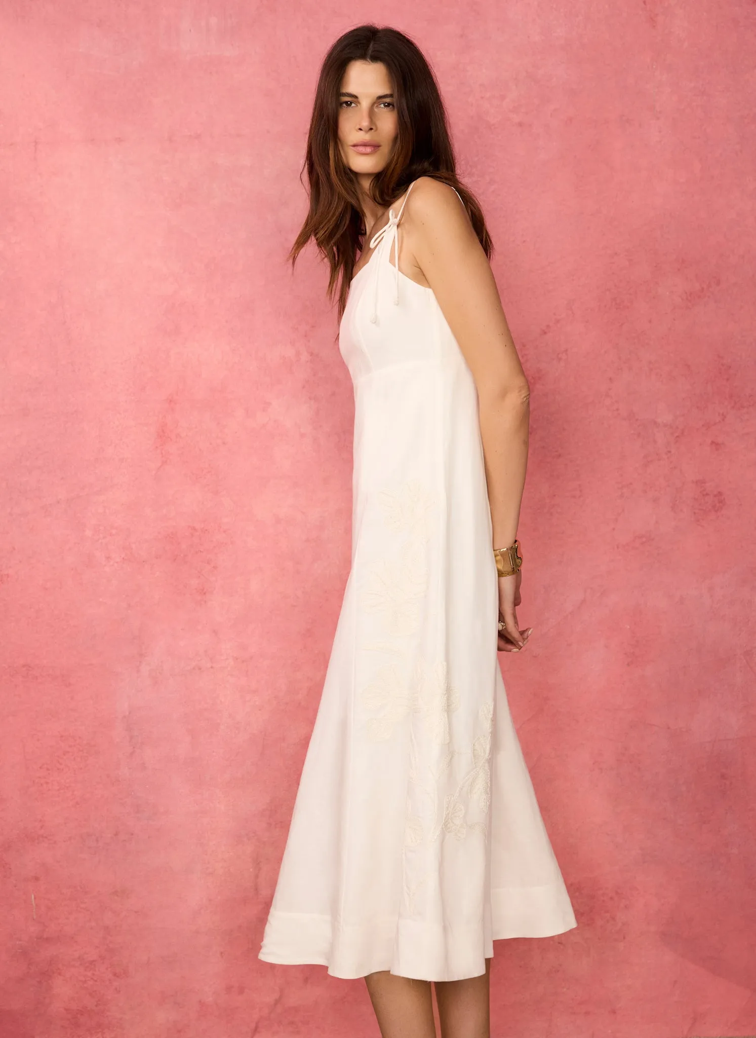 White Linen Blend Embroidered Midi Dress sold by Mint Velvet product image thumbnail 2