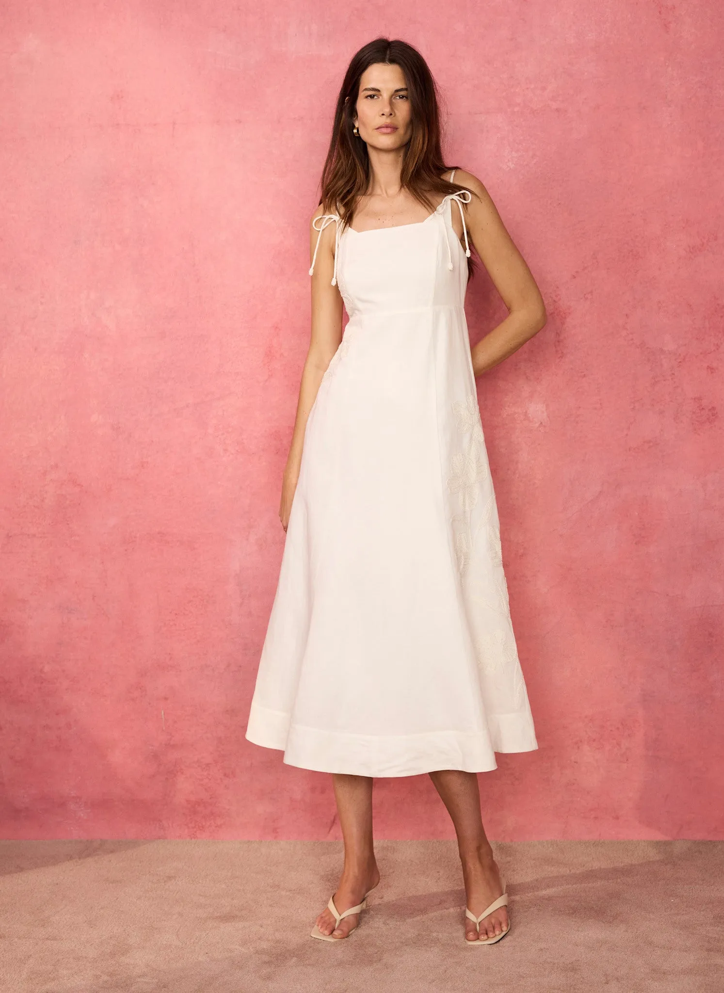 White Linen Blend Embroidered Midi Dress sold by Mint Velvet product image thumbnail 3