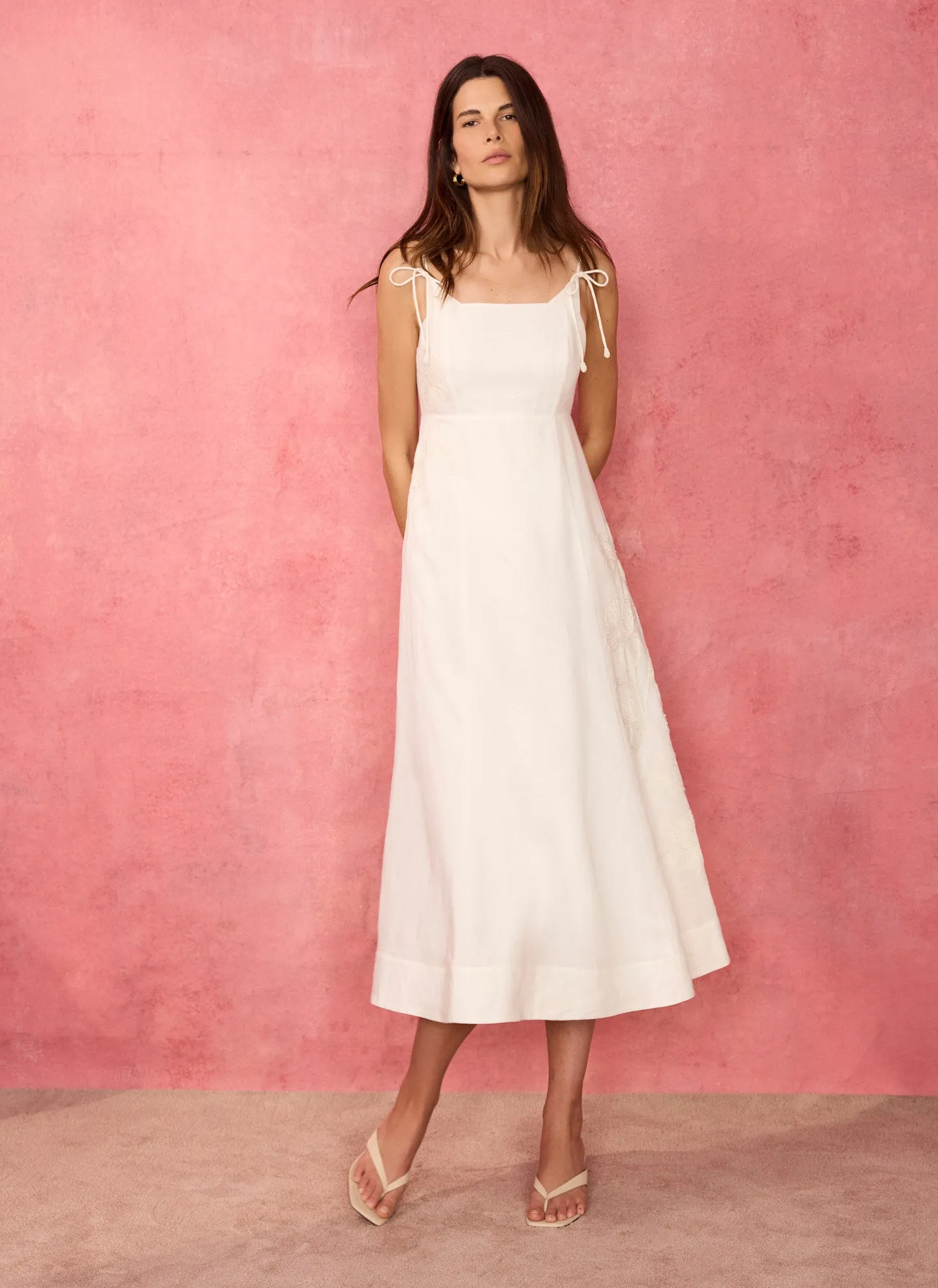 White Linen Blend Embroidered Midi Dress sold by Mint Velvet