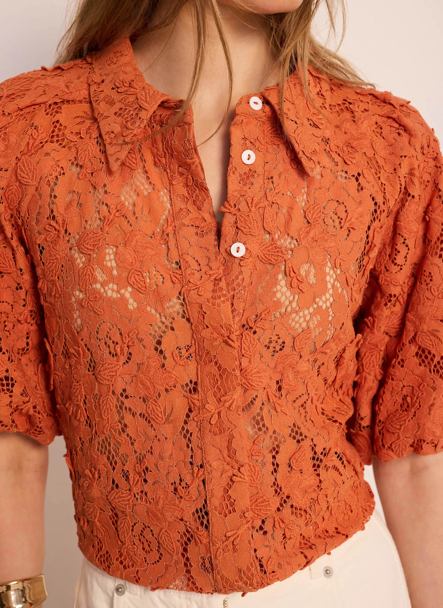 Orange Lace Puff Sleeve Shirt sold by Mint Velvet product image thumbnail 3