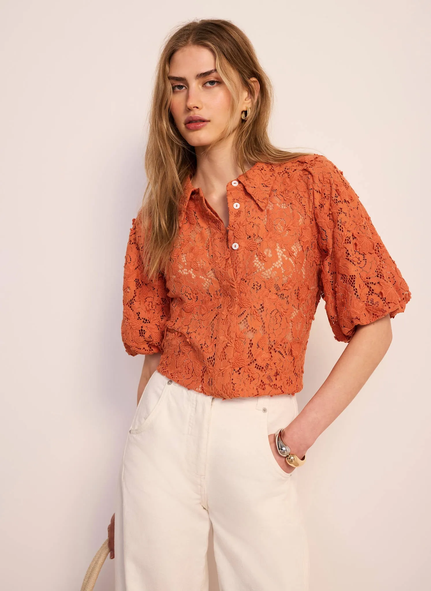 Orange Lace Puff Sleeve Shirt sold by Mint Velvet product image thumbnail 5