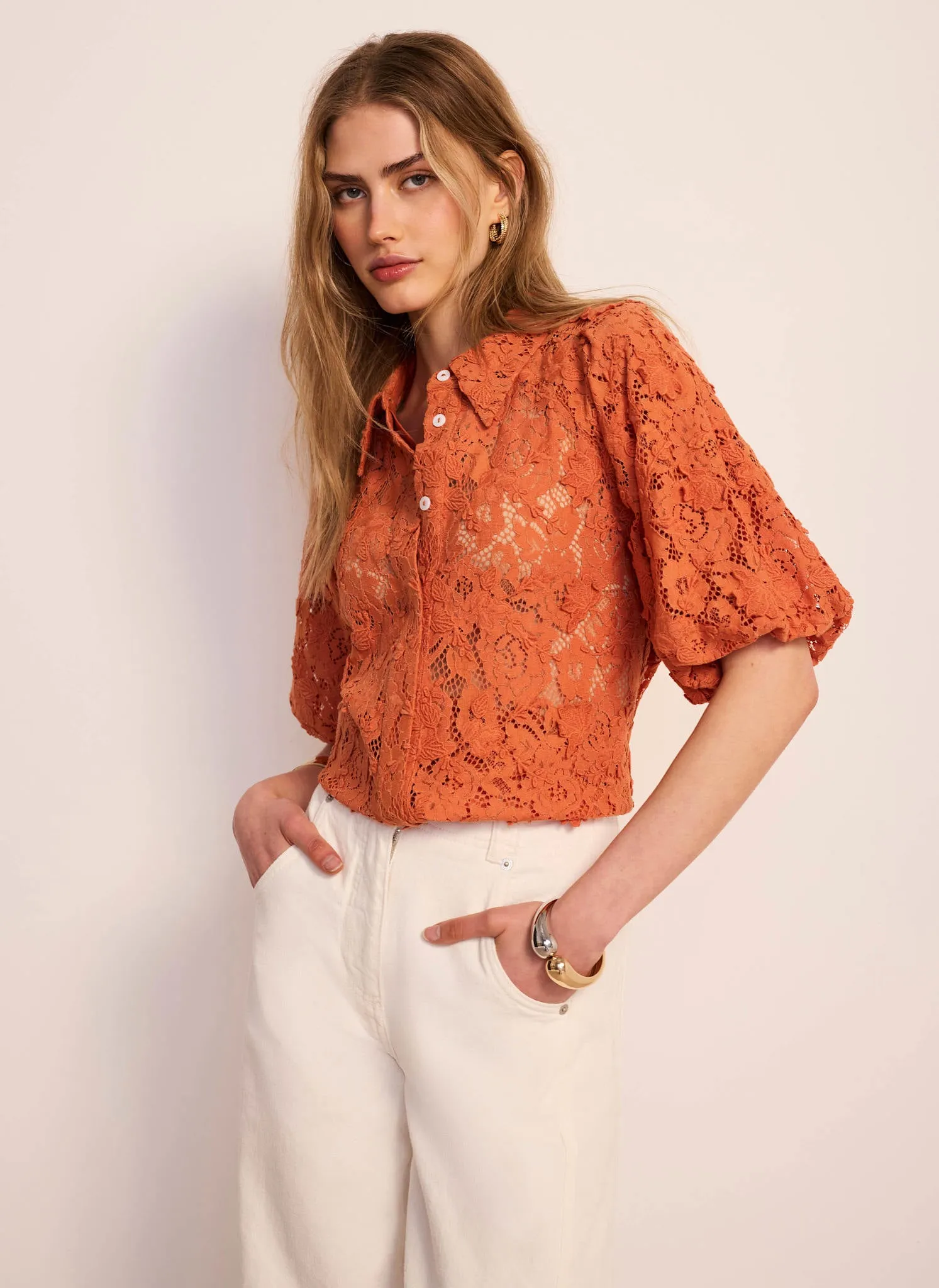 Orange Lace Puff Sleeve Shirt sold by Mint Velvet product image thumbnail 2