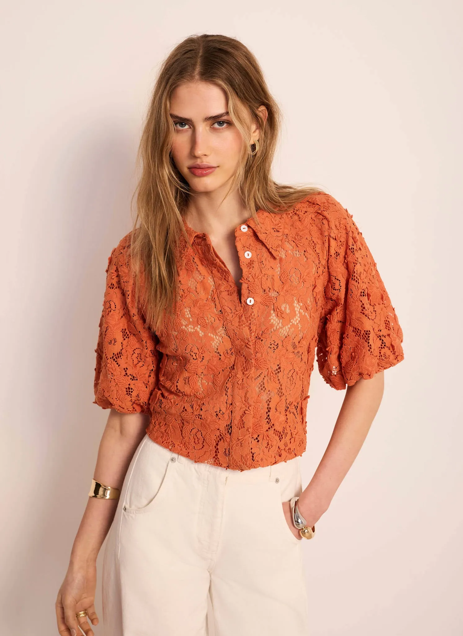 Orange Lace Puff Sleeve Shirt sold by Mint Velvet