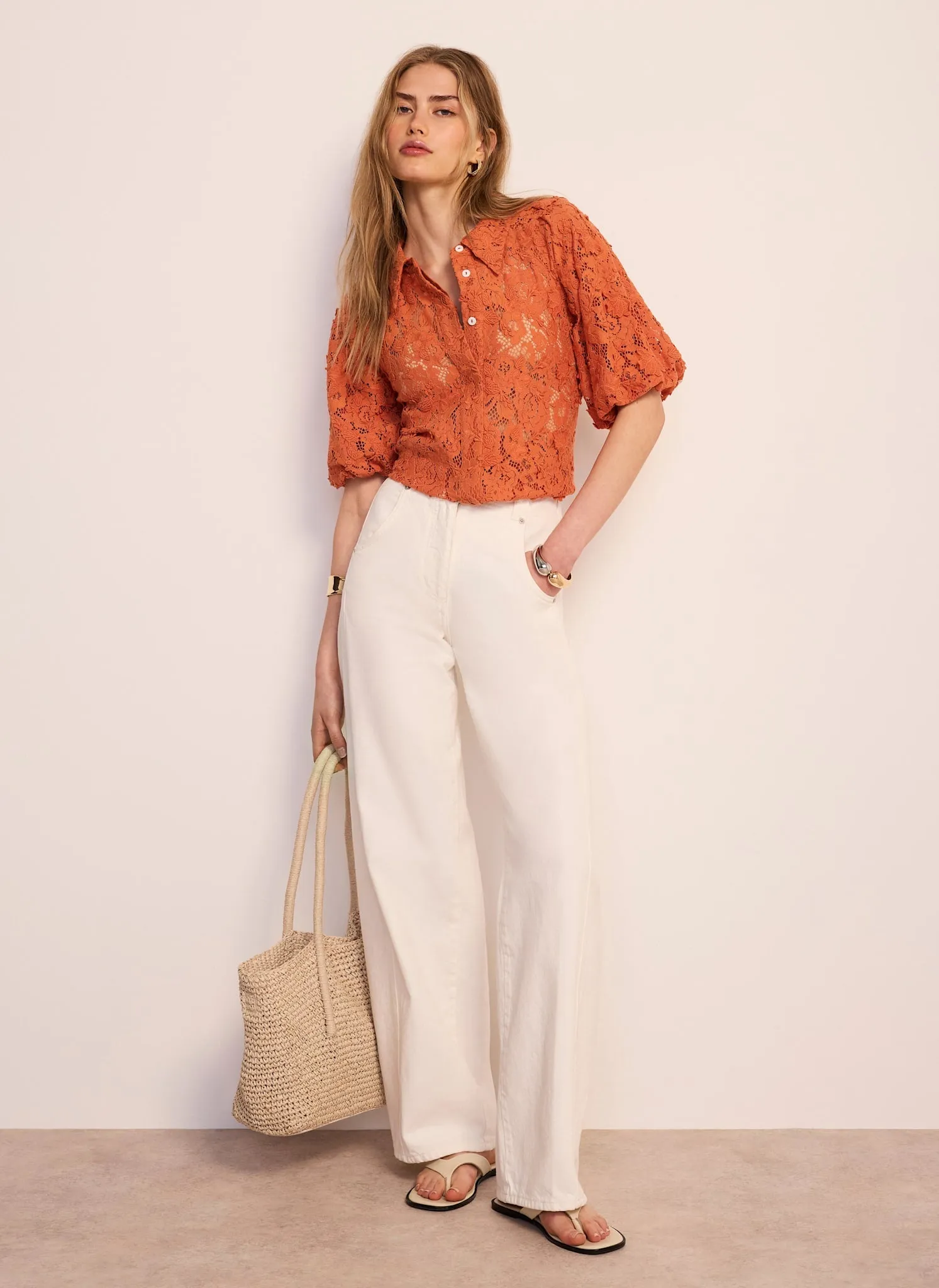 Orange Lace Puff Sleeve Shirt sold by Mint Velvet product image thumbnail 4
