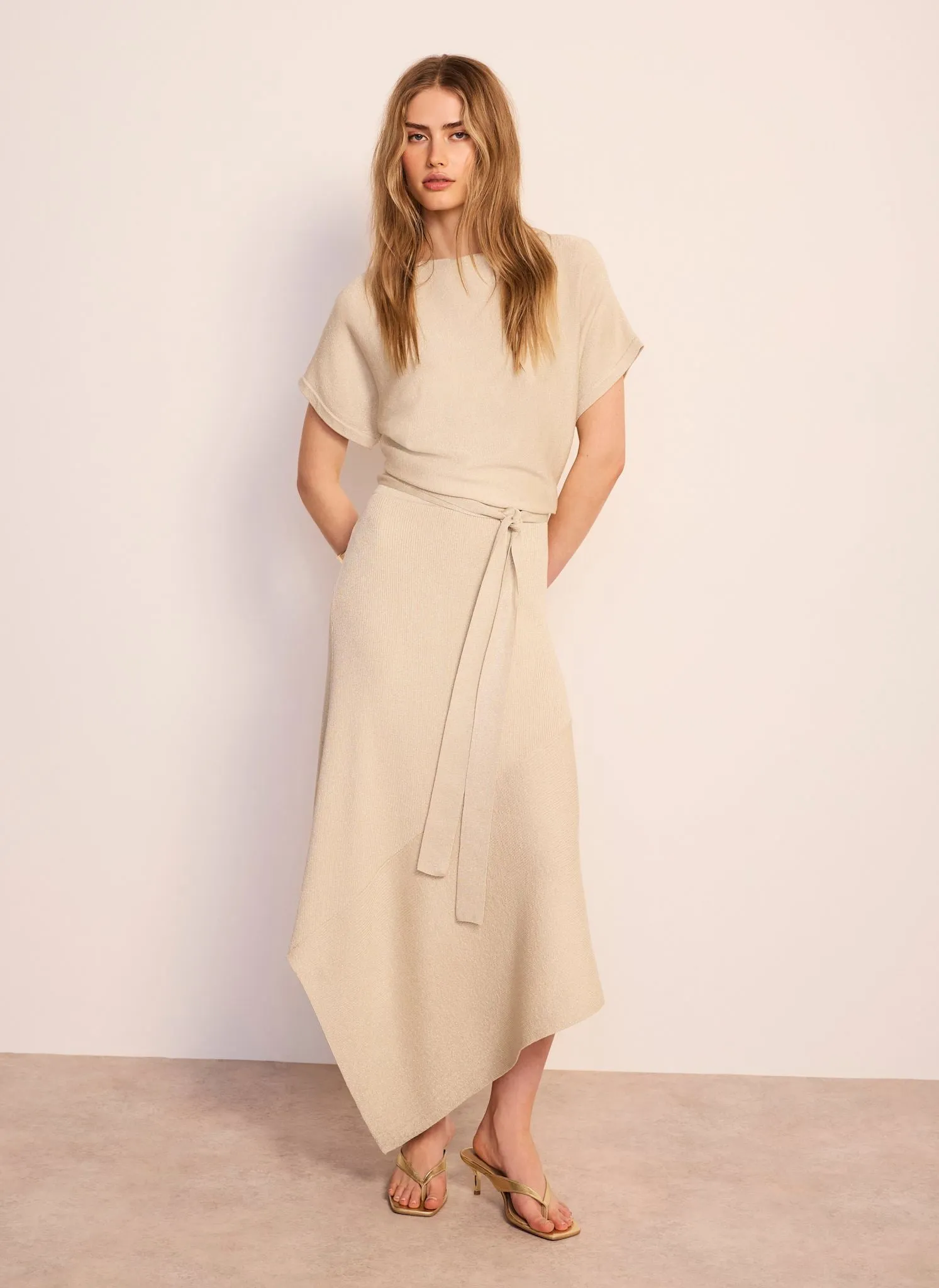 Neutral Metallic Asymmetric Knit Midi Dress sold by Mint Velvet