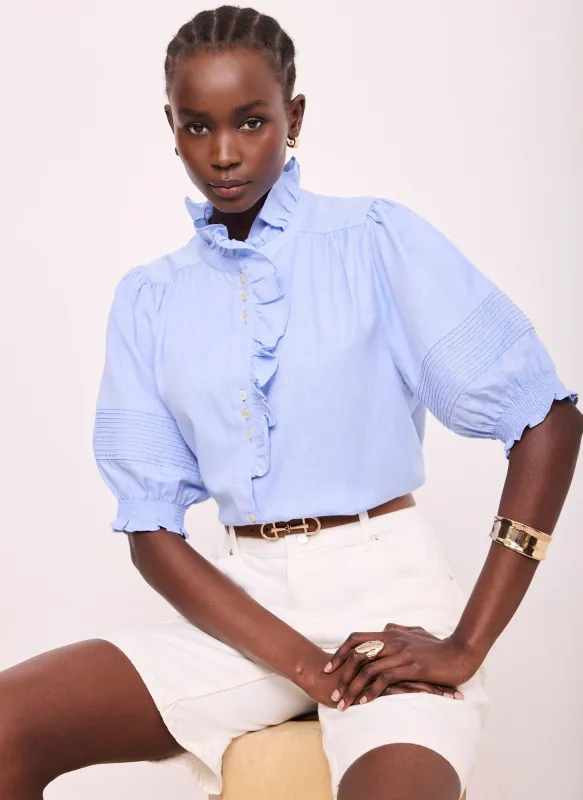 Blue Cotton Chambray Ruffle Blouse made by Mint Velvet