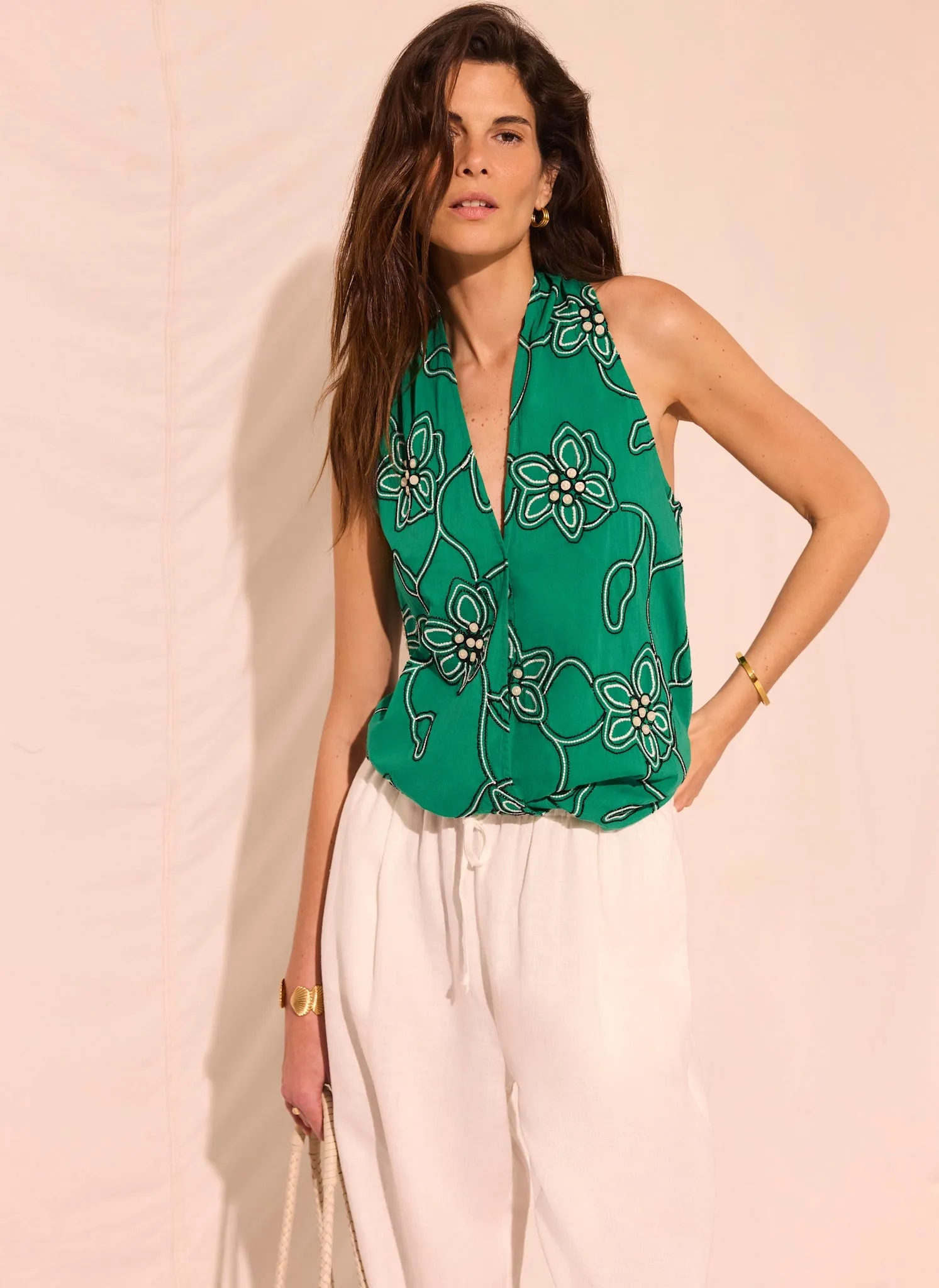 Green Cotton Floral Embroidered Halter Top sold by Mint Velvet product image thumbnail 3