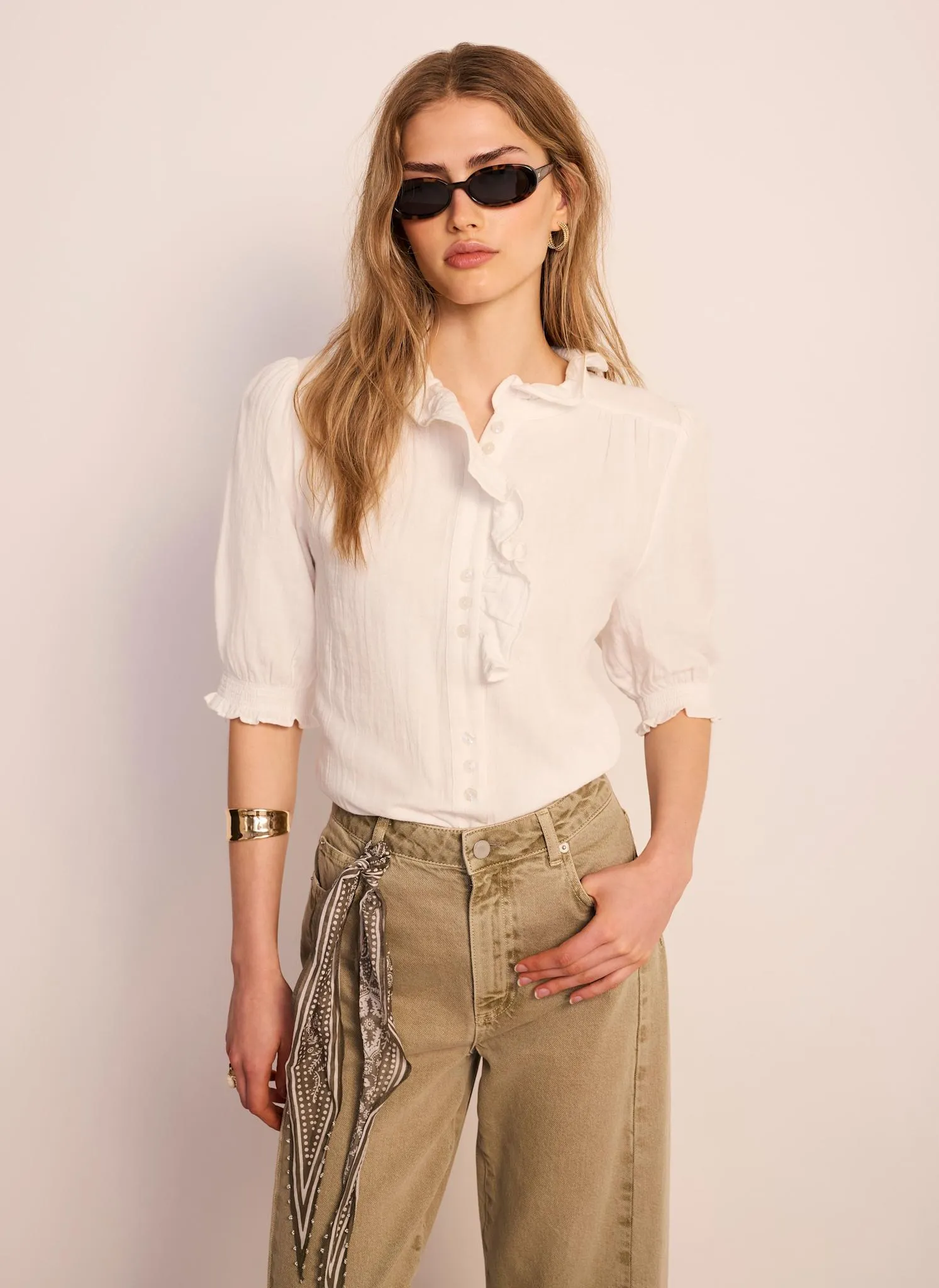 White Cotton Cheesecloth Ruffle Blouse sold by Mint Velvet product image thumbnail 3