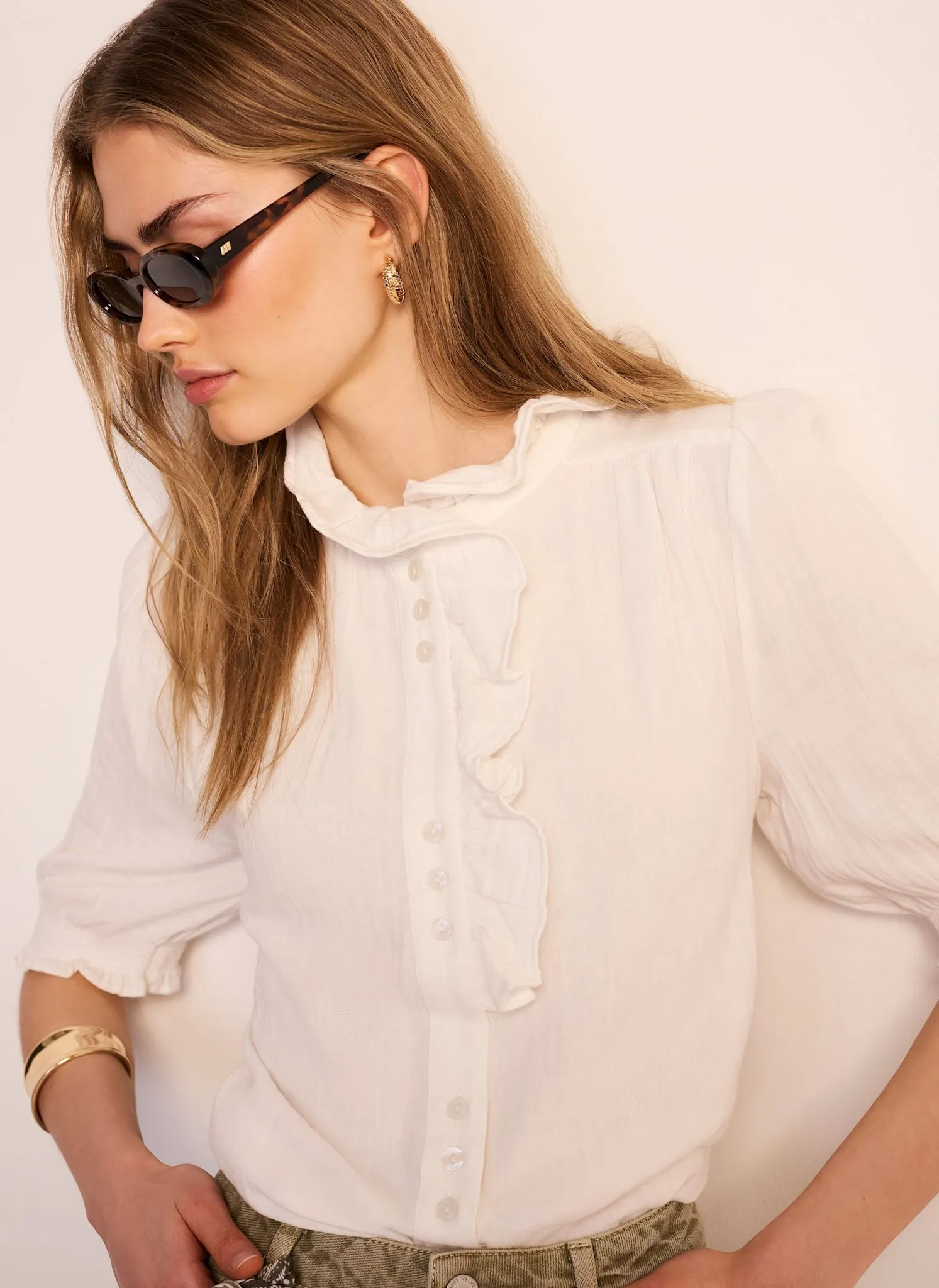 White Cotton Cheesecloth Ruffle Blouse sold by Mint Velvet