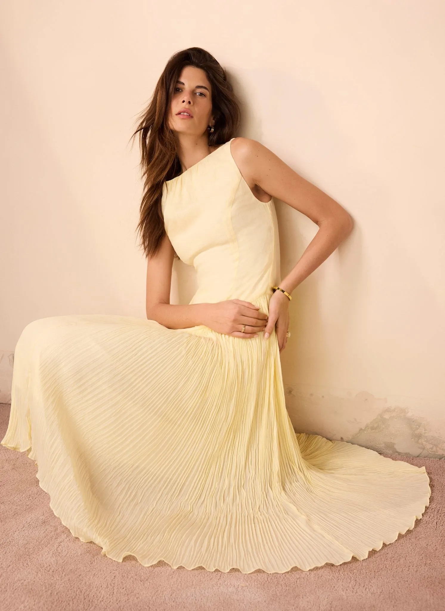 Yellow Crinkle Drop Waist Midi Dress sold by Mint Velvet product image thumbnail 2
