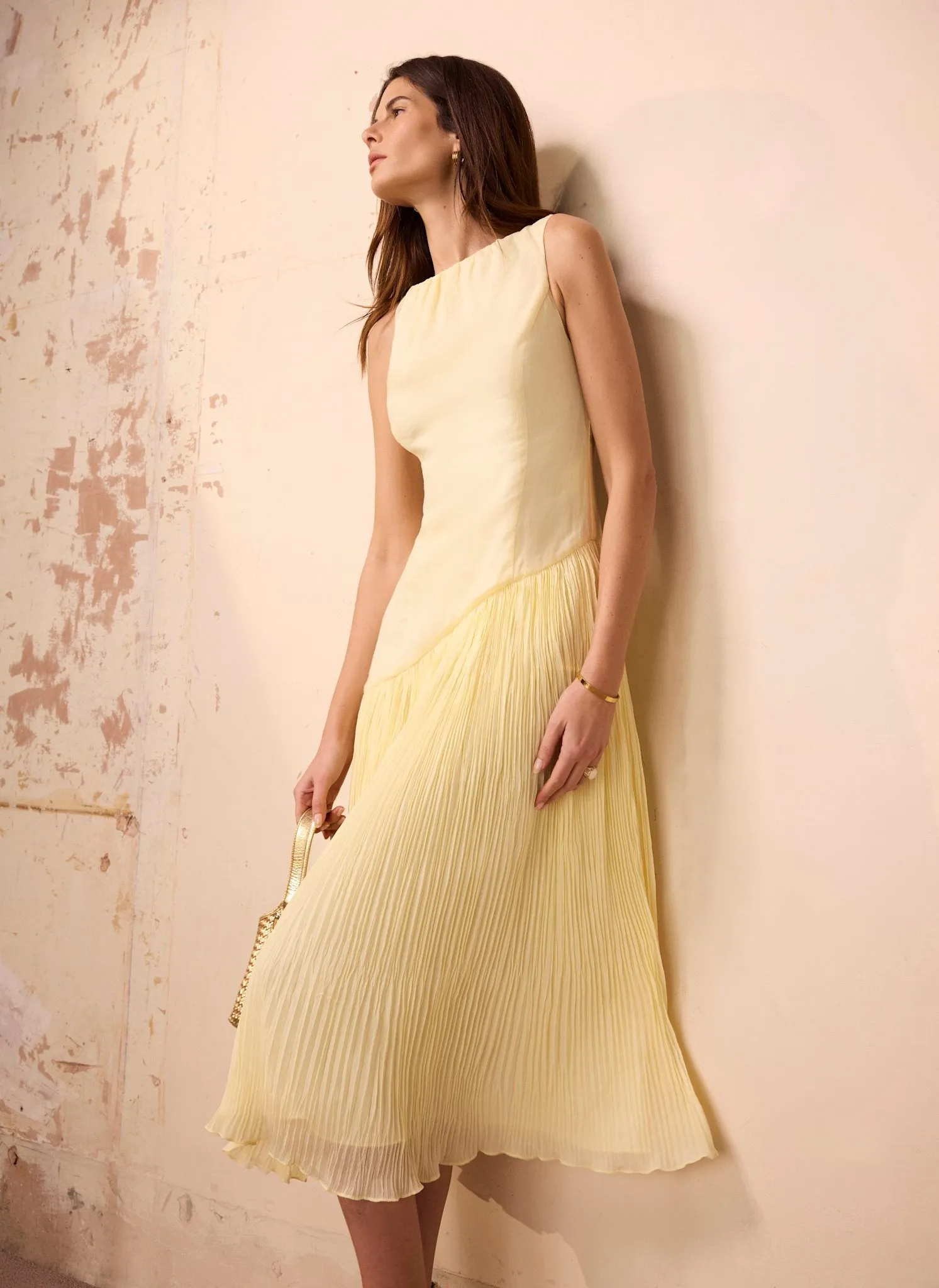 Yellow Crinkle Drop Waist Midi Dress sold by Mint Velvet