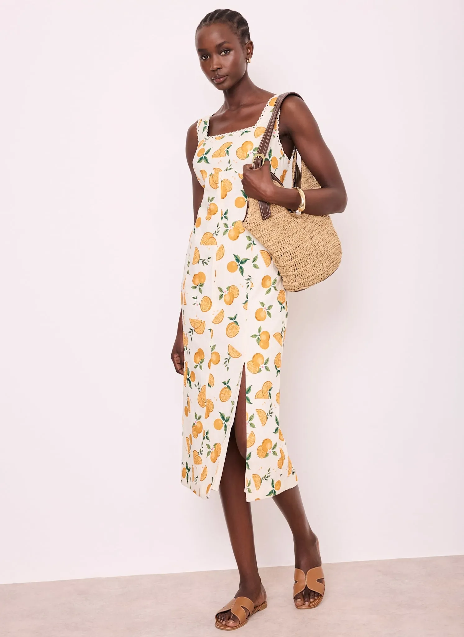 Orange Print Linen Blend Midi Dress sold by Mint Velvet