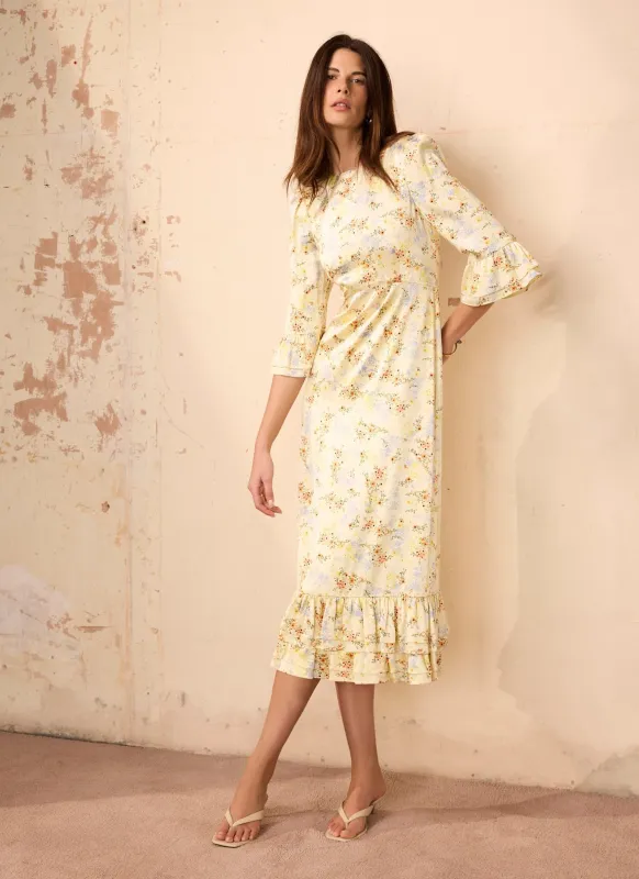 Yellow Floral Print Satin Midi Dress made by Mint Velvet