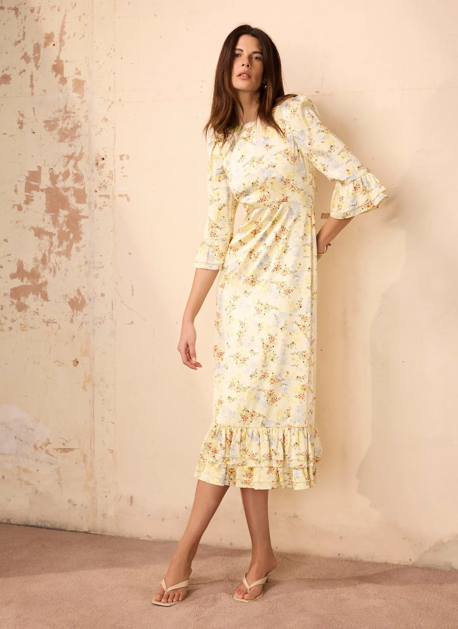 Yellow Floral Print Satin Midi Dress sold by Mint Velvet