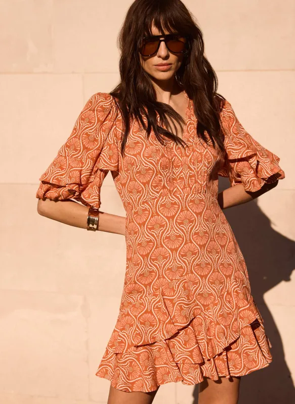 Orange Printed Ruffle Mini Dress made by Mint Velvet